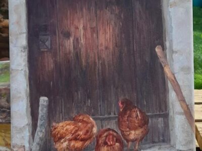 Hens by door - oil on canvas