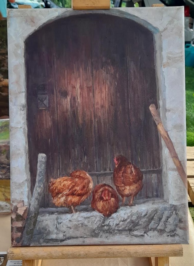 Hens by door - oil on canvas