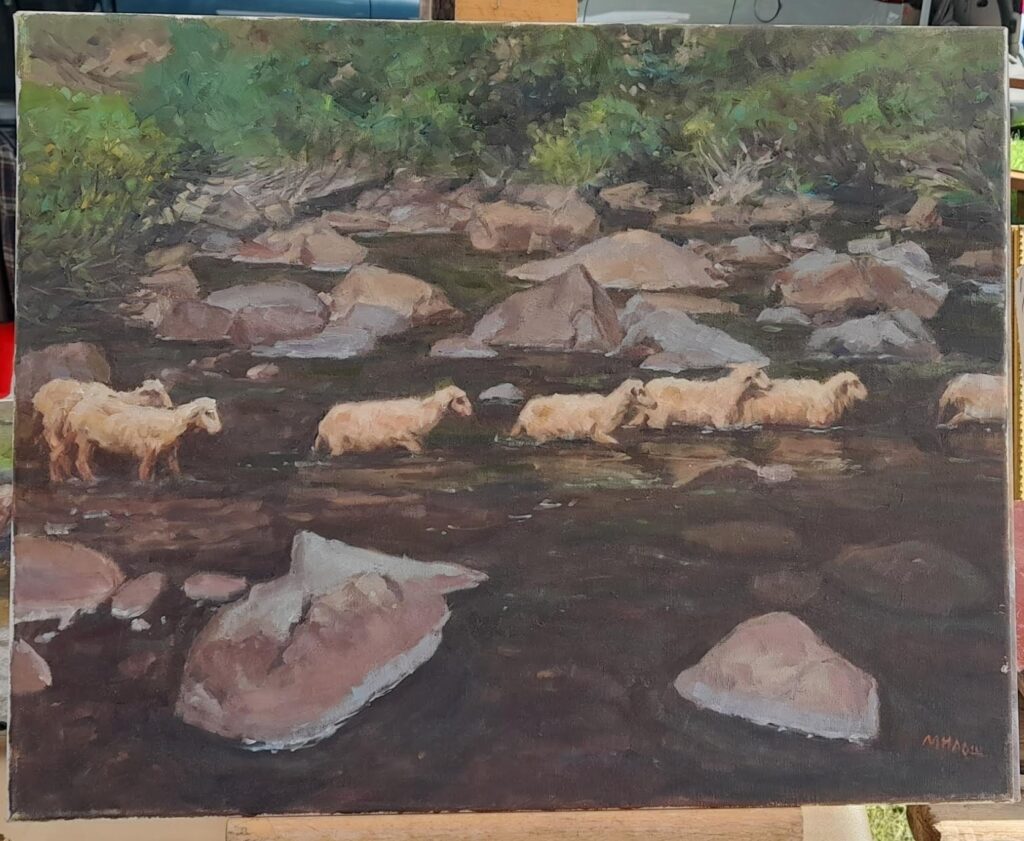 Sheep crossing a river - oil on canvas
