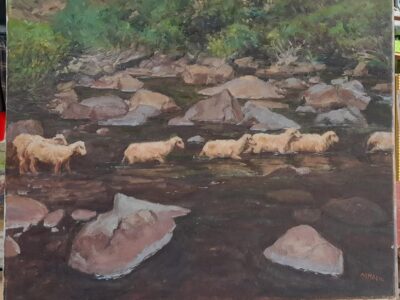 Sheep crossing a river - oil on canvas